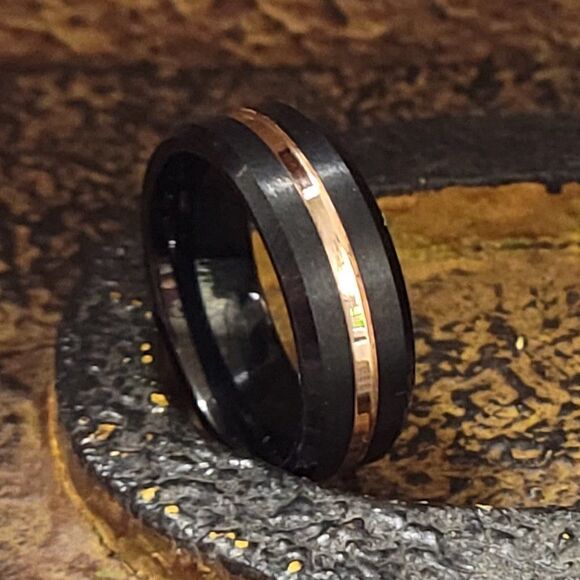 Men's Real Black Tungsten Promise Ring 14K Gold Filled Center Groove Gold Line - Picture 2 of 12